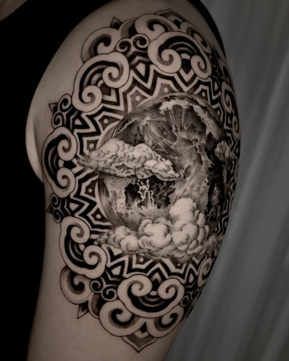 달 구름 만다라 단청패턴 블랙워크 타투 - 1