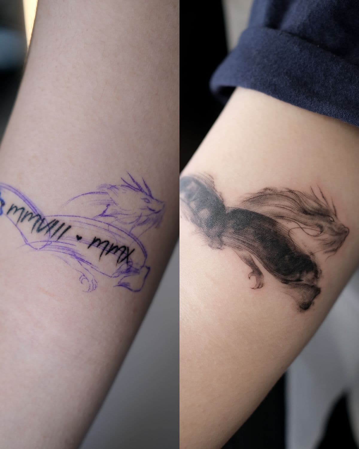 이전 타투가 드러나지 않게 전체 흐름으로 덮은 작품